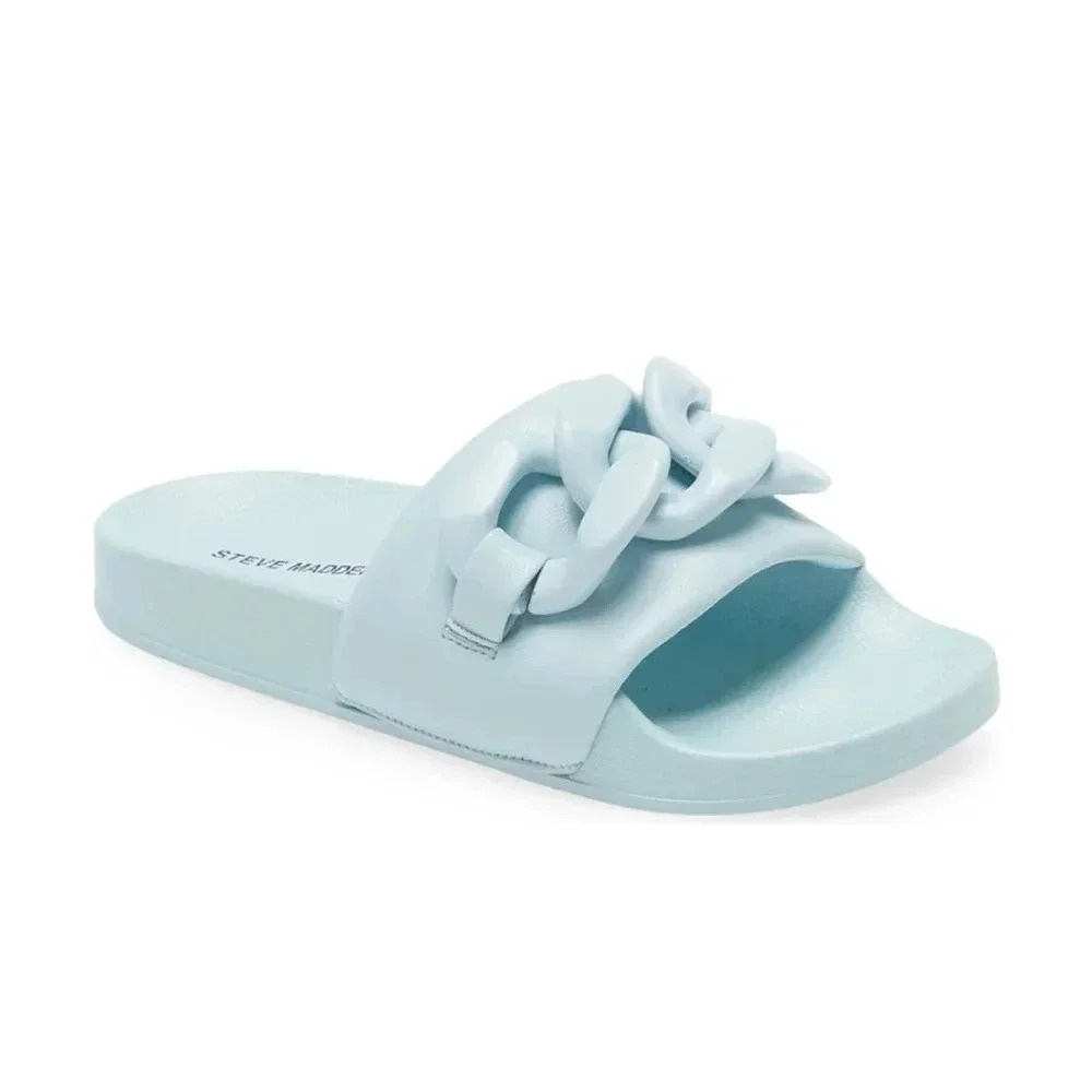 NWT in box Steve Madden  "Safe" style baby blue slide sandals Size 6